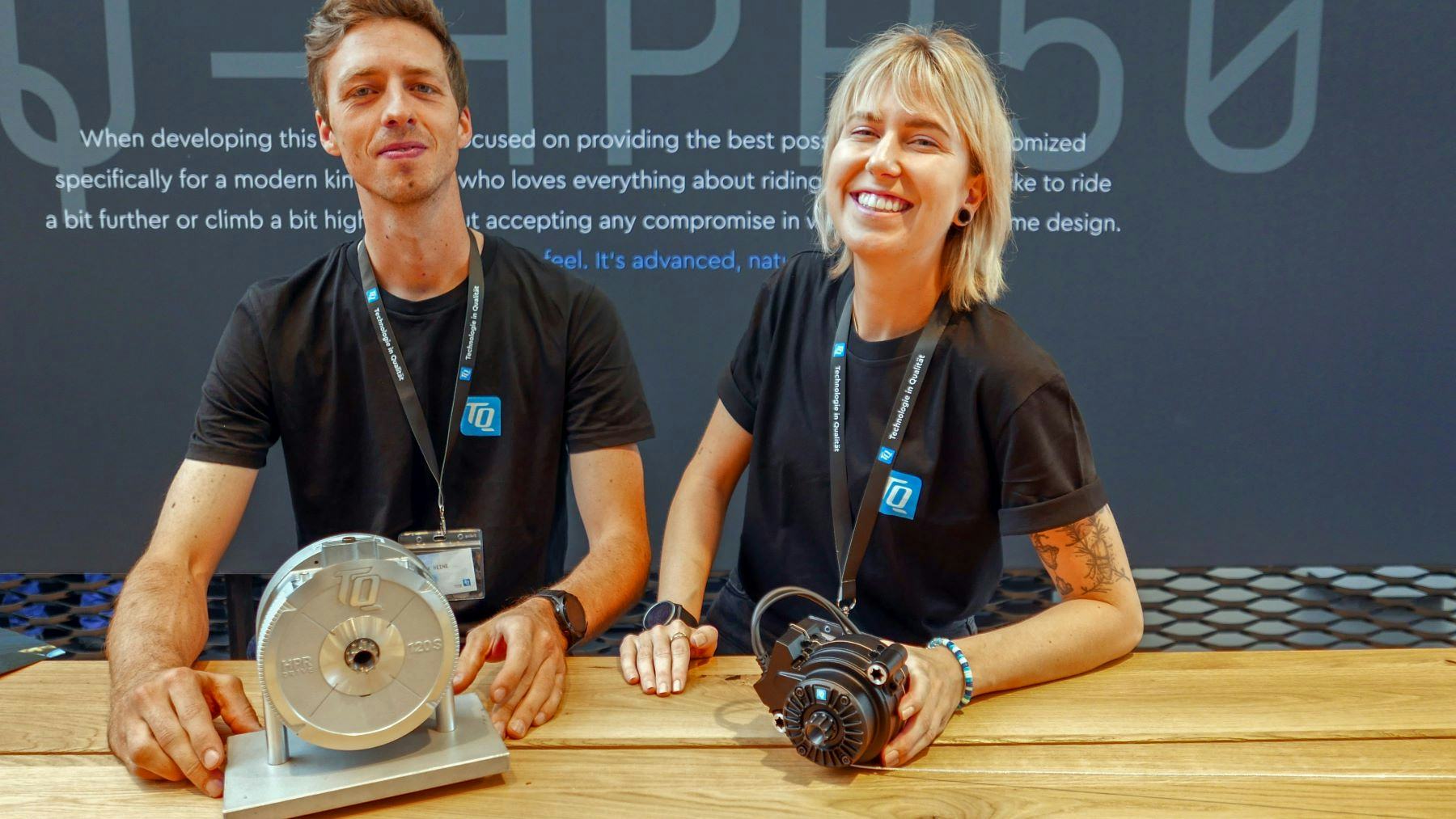 Presenting the ‘old’ and new mid-motor: TQ Systems key account manager e-mobility, Felix Heine and product marketing manager, Anna Vodickova. - Photo Jo Beckendorff