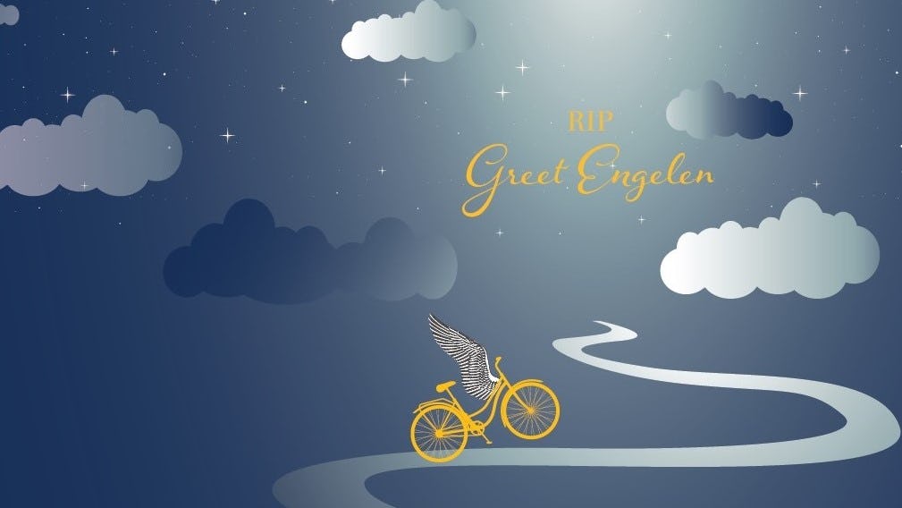 The card announcing her passing shows Greet Engelen’s strong connection with cycling. - Photo Bike Europe