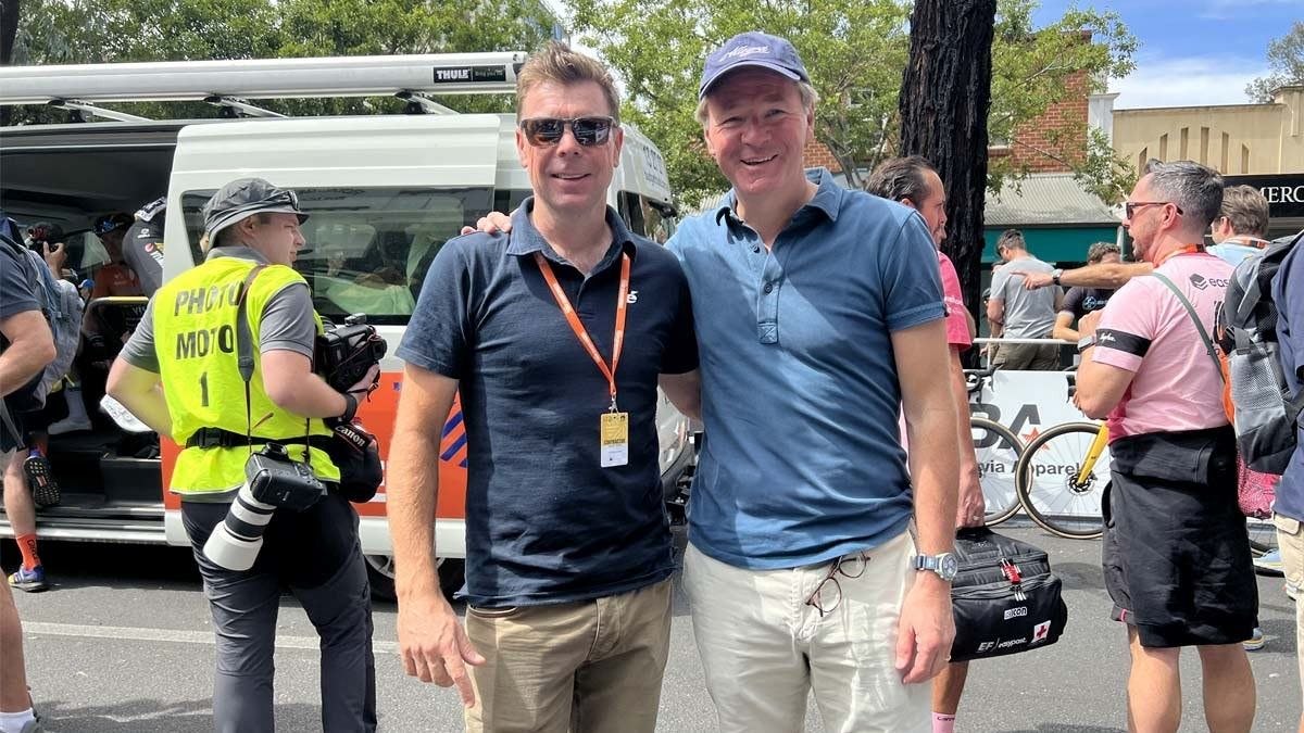 Pon Bike CEO Janus Smalbraak (right) with Pon.Bike’s Australian Managing Director, Graeme Moffett, prior to the start of Stage 3 of the Tour Down Under. – Photo The Latz Report