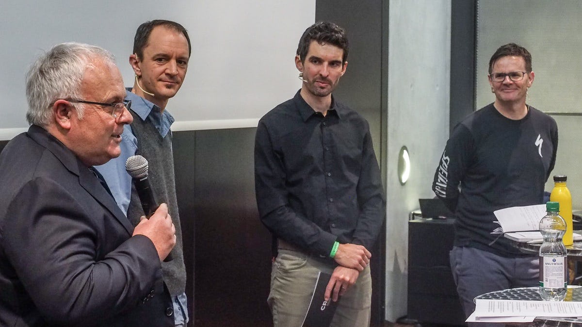 InfoTech panelists Beat Zaugg, CEO Scott Sports, Urs Keller DACH Managing Director of Trek, moderator Christian Rocha and Matthias Klopfenstein, Specialized general manager Switzerland (ltr.). - Photo Peter Hummel