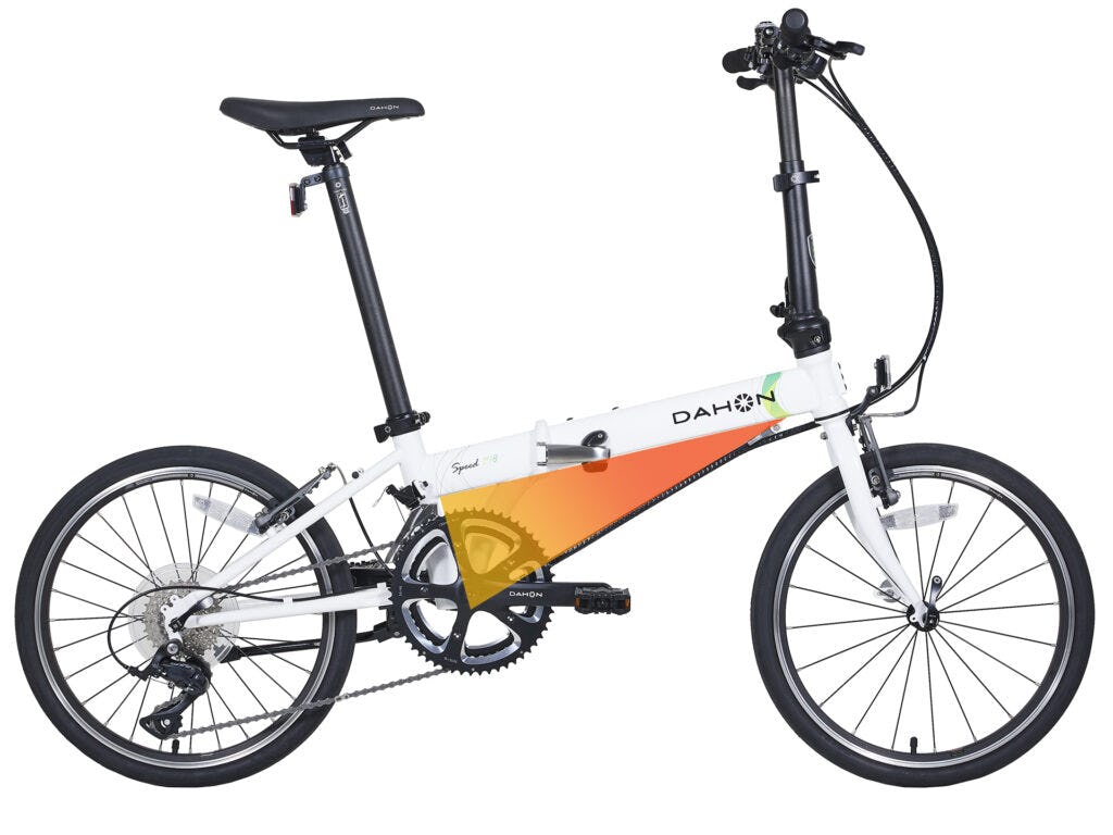A single-tube folding bike reinforced with a Deltech steel cable.