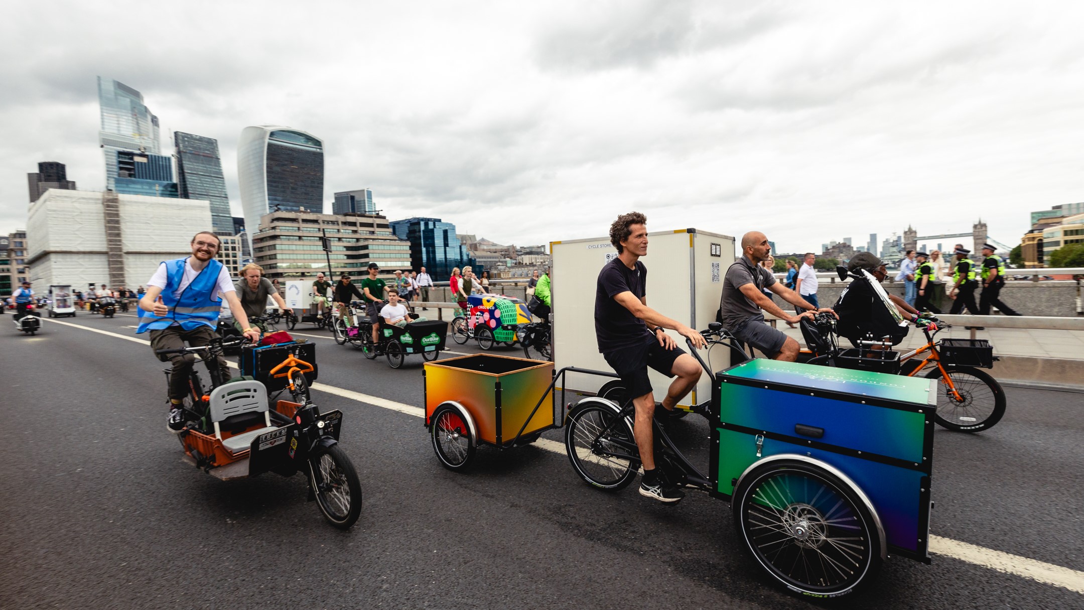 More than 80 cargo bikes take part yesterday in London in the annual Cargo Bike Cruise to accelerate the uptake of electric and pedal powered commercial vehicles. – Photo Honor Elliot