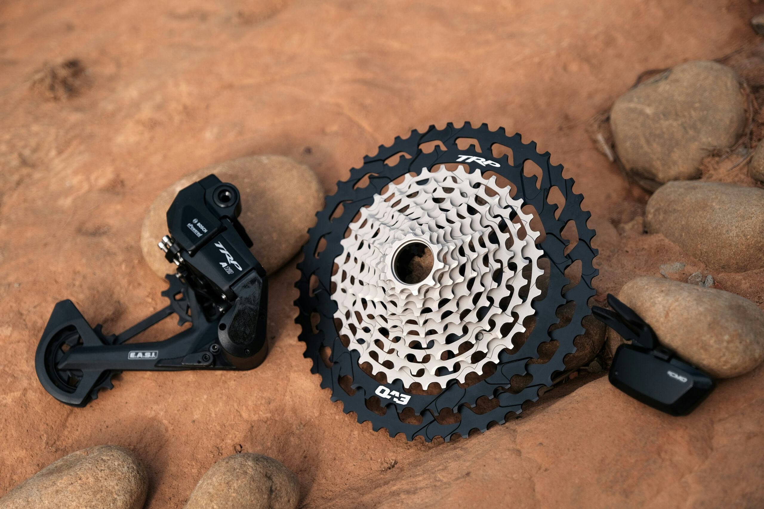 The TRP A12 E.A.S.I. drivetrain is a 12-speed electronic shifting system that automatically adjusts to the rider’s cadence, load, and speed.