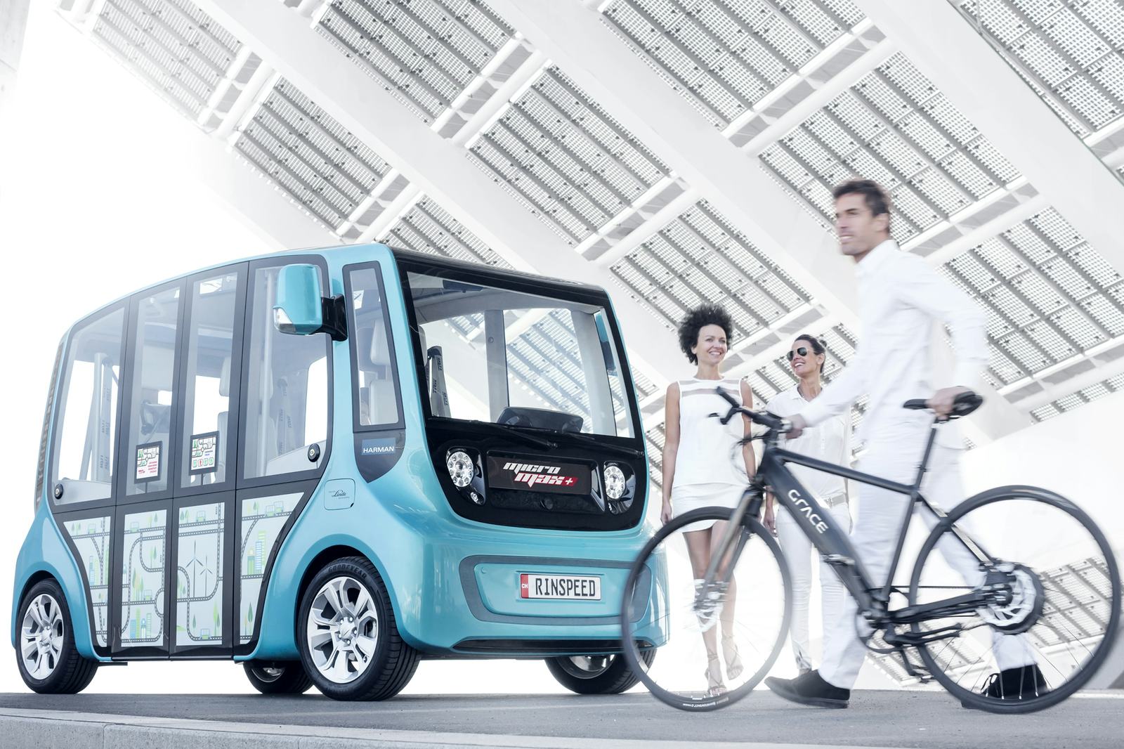 MicroMax combines an electric mini bus with Grace e-bikes which offers urban travelers the possibility to switch from the mini bus to the e-bike to reach all corners of the city. - Photo Rinspeed
