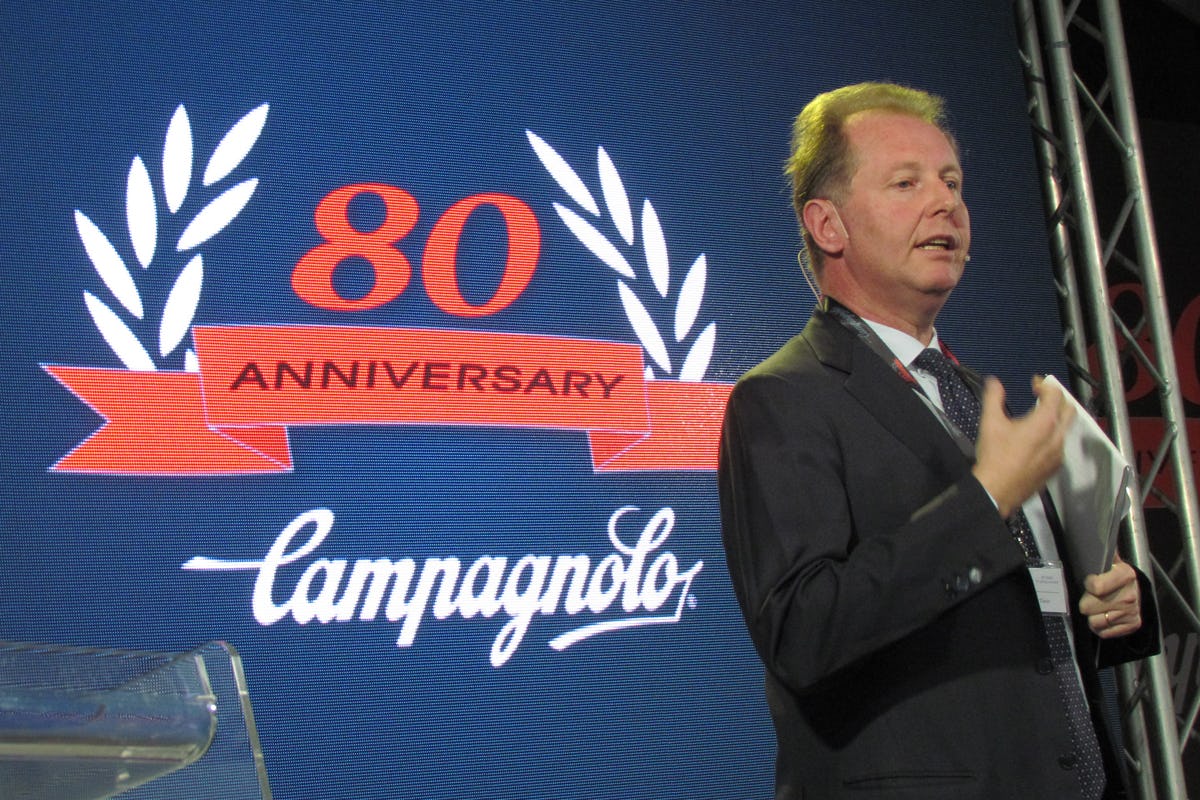 Campagnolo celebrated the milestone with lots of former cycling champions, business partners and friends as well as media. Here marketing and sales director Lorenzo Taxis announced the company’s changed strategy. - Photo Bike Europe