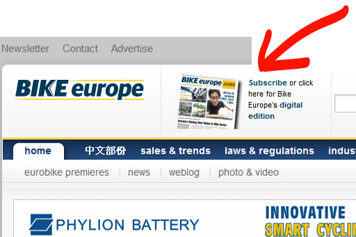 在網站的標題上寫著：「Subscribe or click here for Bike Europe’s digital edition」，就是通往數位版雜誌的連結。