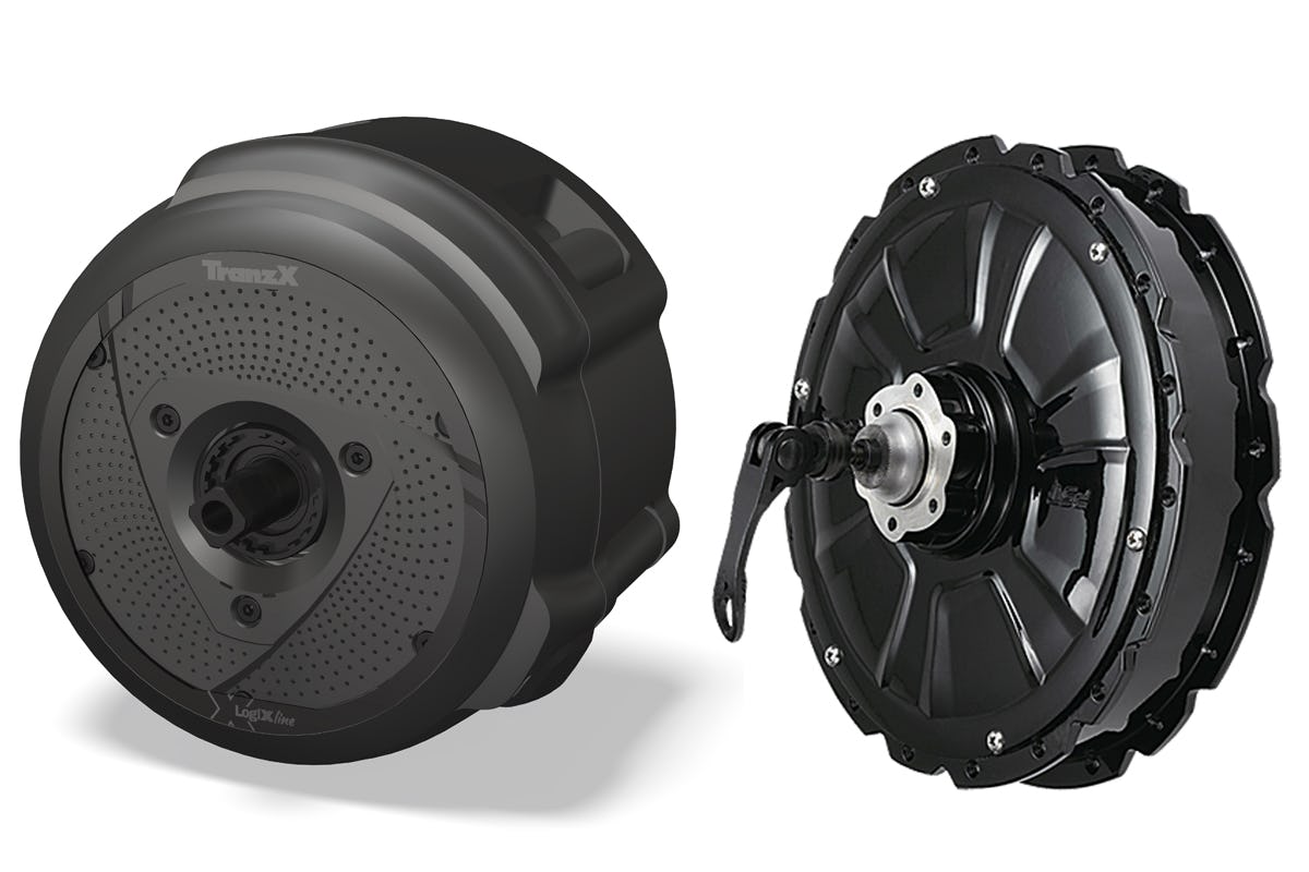 The nearly invisible TranzX M25 motor (left) and the M19 available in 48V/350W or 48V/500W. 