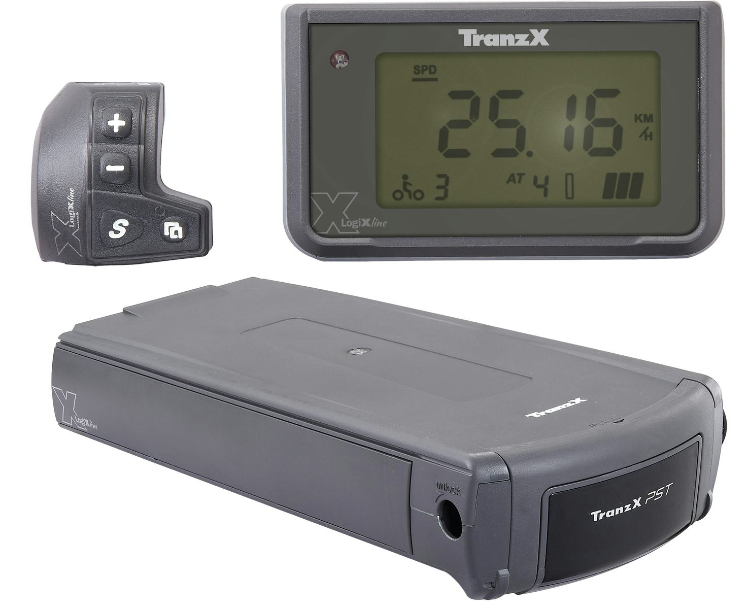 At the top the new DP 16 display which is compatible with the AGT gear shifter. At the bottom the new battery, the 14.5Ah version with capacity of 415Wh. - Photo TranzX