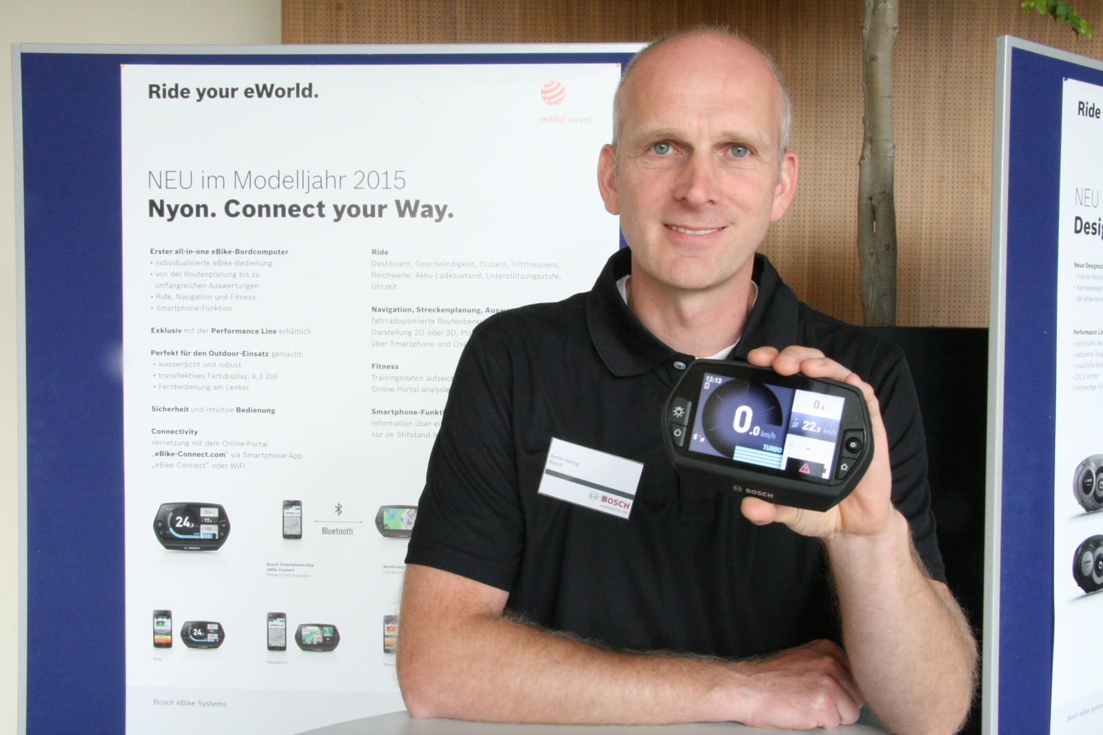 Top highlight of Bosch eBike Systems’s product range for season 2015 is the new all-in-one control unit “Nyon”. Here Head of Sales and Service Armin Harttig is proudly presenting “Nyon” that is standing for the latest connectivity pedelec mantra.