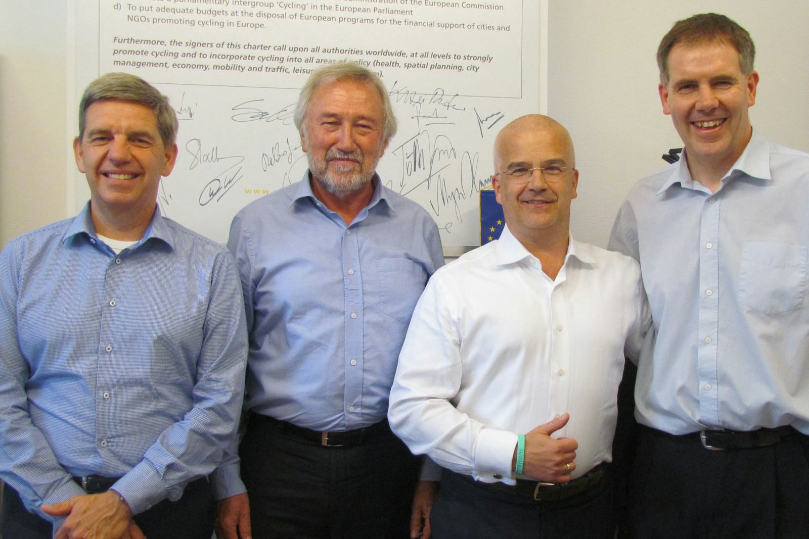 The Cycling Industry Club Advisory Board members appointed Toni Grimaldi (second from right) Chairman and Raymond Gense (left) as Vice Chairman. They are accompanies here by Manfred Neun (ECF President) and ECF’s Development Director Kevin Mayne who manages the Club activities. – Photo Bike Europe