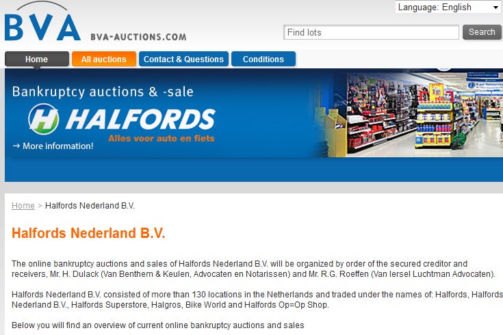 Inventory of bankrupted Halfords Netherlands is auctioned. It involves the stock in bicycles, e-bikes, P&A for bikes as well as for cars of about 60 closed Halfords stores. – Photo BVA Auctions