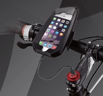Neco’s new 3 intelligent portable charger is applicable to the front fork stem for charging smart phones. – Photo Neco
