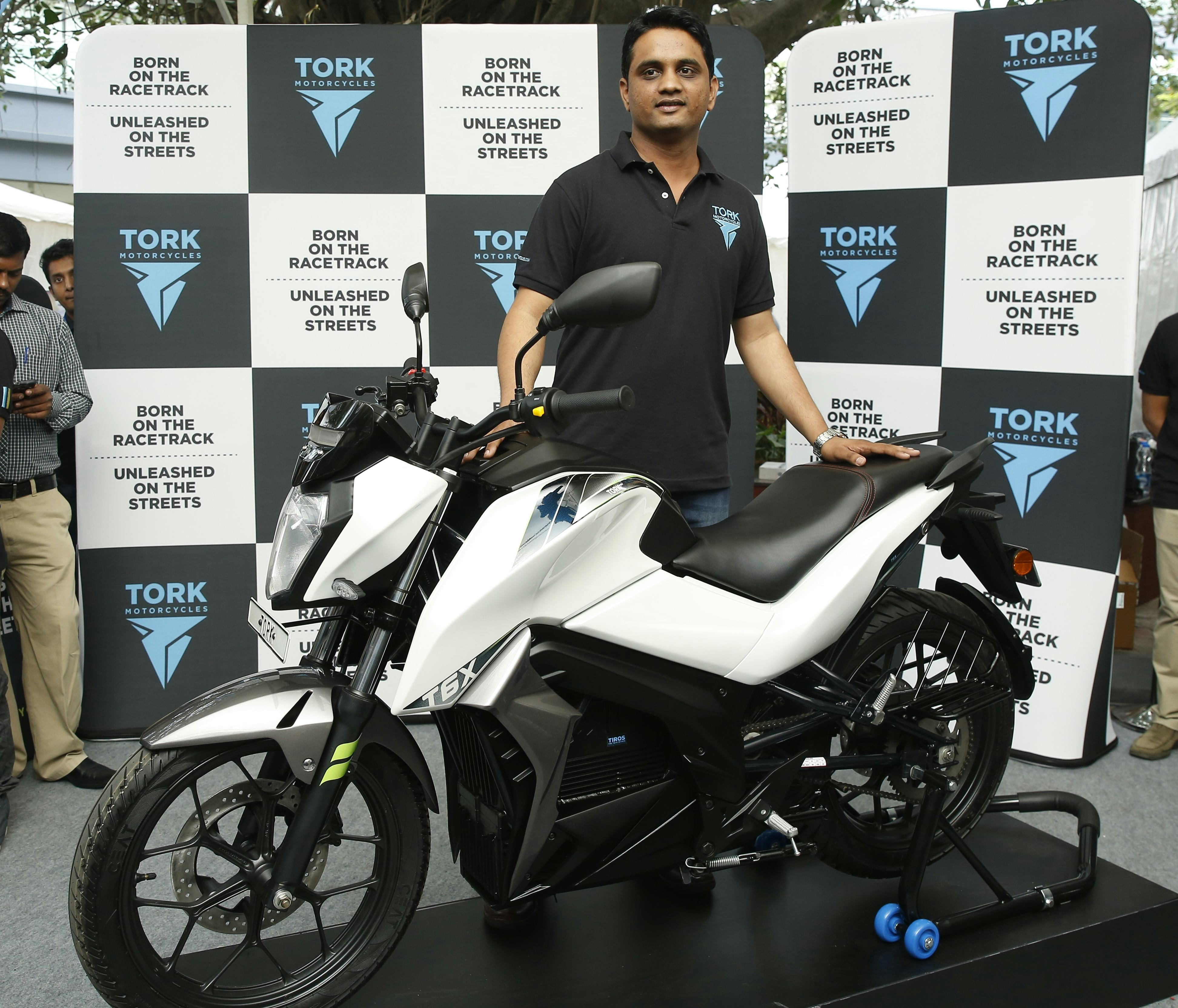 Founder Tork Motorcycles Kapil Shelke unveiled the company’s first e-motorcycle. Photo Tork