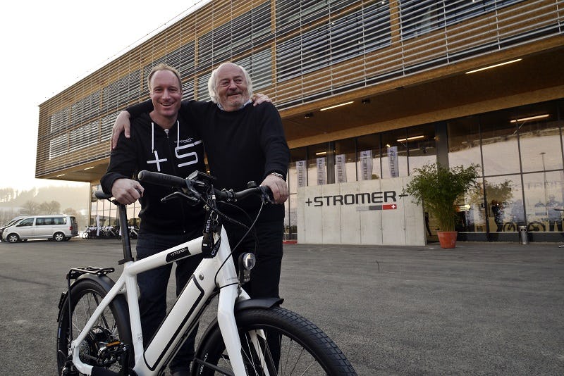 At the opening of the Stromer campus 2013 they were still one heart, one soul and one company: Thomas Binggeli with his mentor Andy Rihs (right) Now Stromer is split from Andy Rihs’ BMC. - Photo Peter Hummel