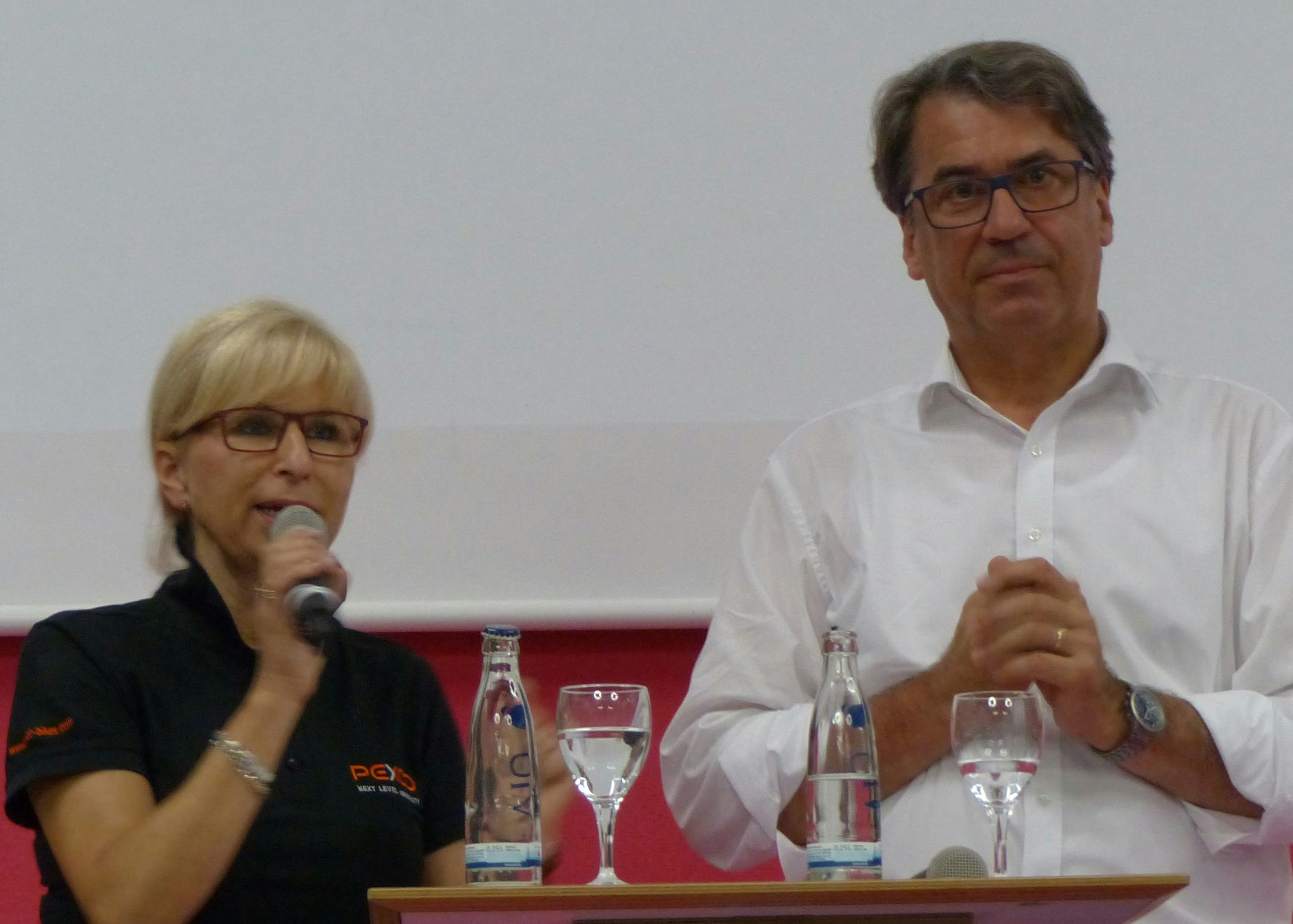 Susanne Puello and her business partner Stefan Pierer of KTM Industries were enthusiastically welcomed by over 250 attendees at today’s Pexco presentation. – Photo Bike Europe 