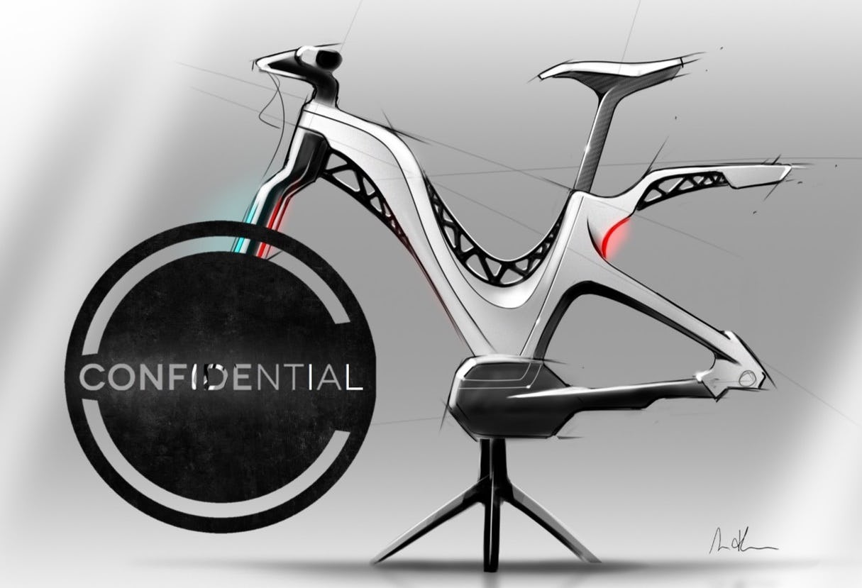 Plastic Innovation’s advanced composite bicycle frame shown with covered front wheel. This wheel comes with unique suspension features of which patents are pending. – Photo Falsch Foto ©lets do it design