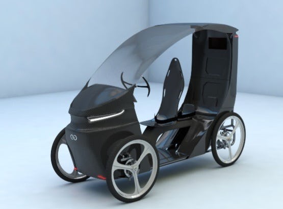 CityQ: new urban vehicle with 4-wheels for up to 3 passengers, roof, solar panel and weather protection. – Photo CityQ