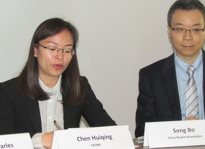 CCCME Director Chen Huiqing and China Bicycle Association‘s Director Song Bo pleaded in defence of China’s e-bike industry. – photo Bike Europe