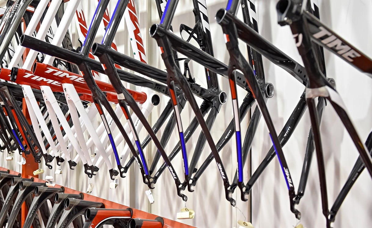 Frames and forks at Times Sport’s facility in Voreppe, France which is to close. – Photo Time Sport