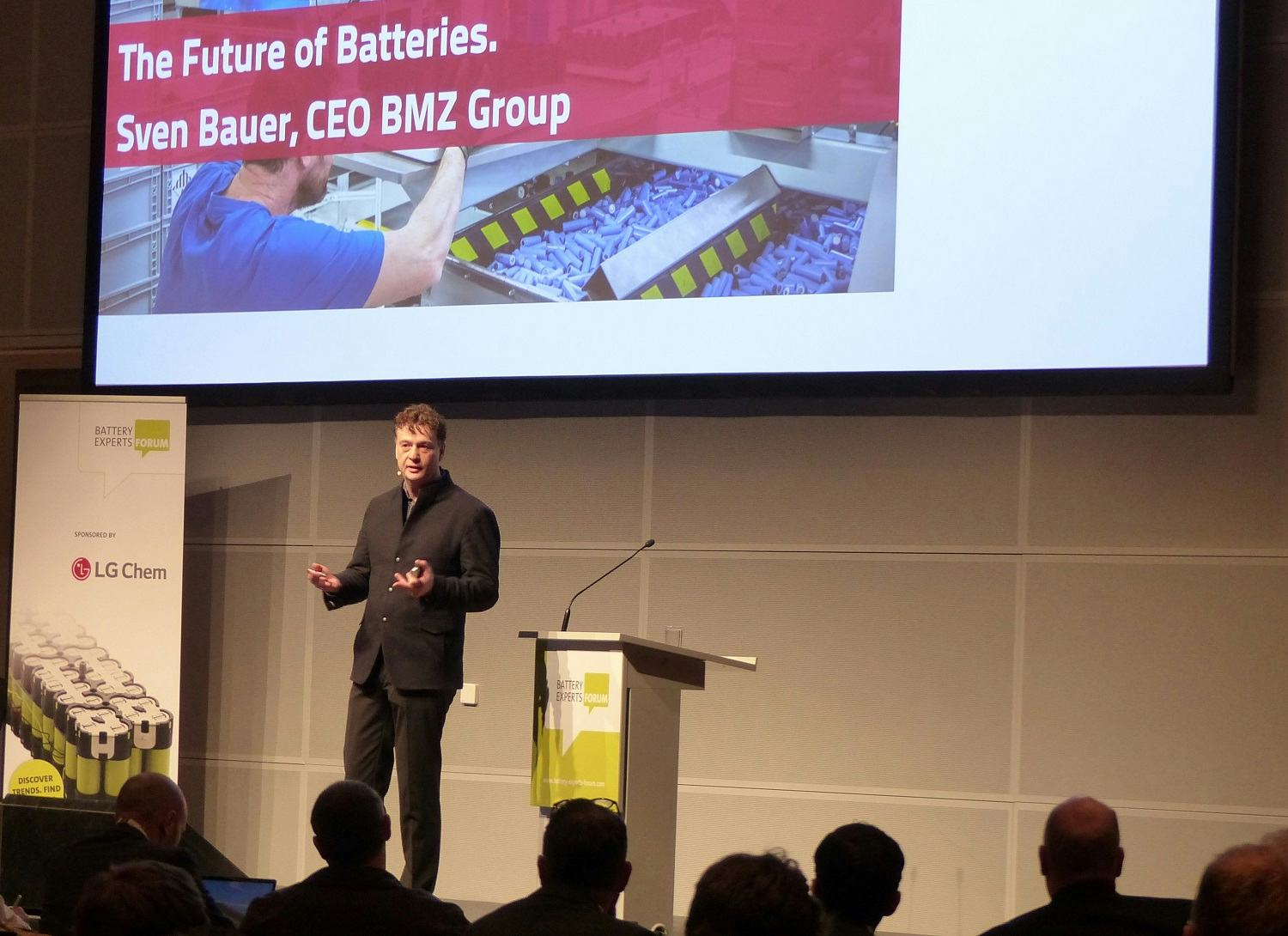 ‘Aim is to start a cell factory that has 2GWh output in 2021,’ said BMZ CEO Sven Bauer at the Battery Experts Forum. – Photo Bike Europe