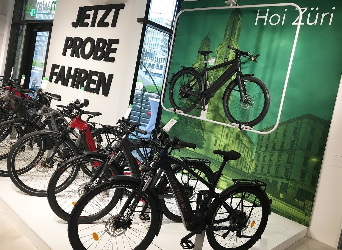 With 28 outlets nationwide M-Way AG is Swiss e-two-wheeler market leader. Here’s M-Way store in Zurich. – Photo Swiss E-Mobility Group