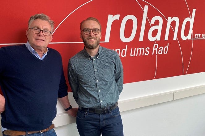Thomas Kalkhoff, Left, welcomes Heiko Plorinn, right, to Roland Werk. - Photo Roland Werk 