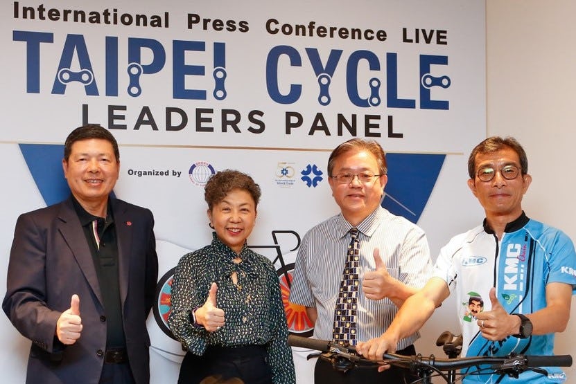 For the leader’s panel during the press conference. TAITRA President Walter Yeh (left) was joined by Bonnie Tu, Chairperson of Giant Group, Michael Tseng, President and CEO of Merida and Robert Wu, Chairman of KMC. – Photo TAITRA