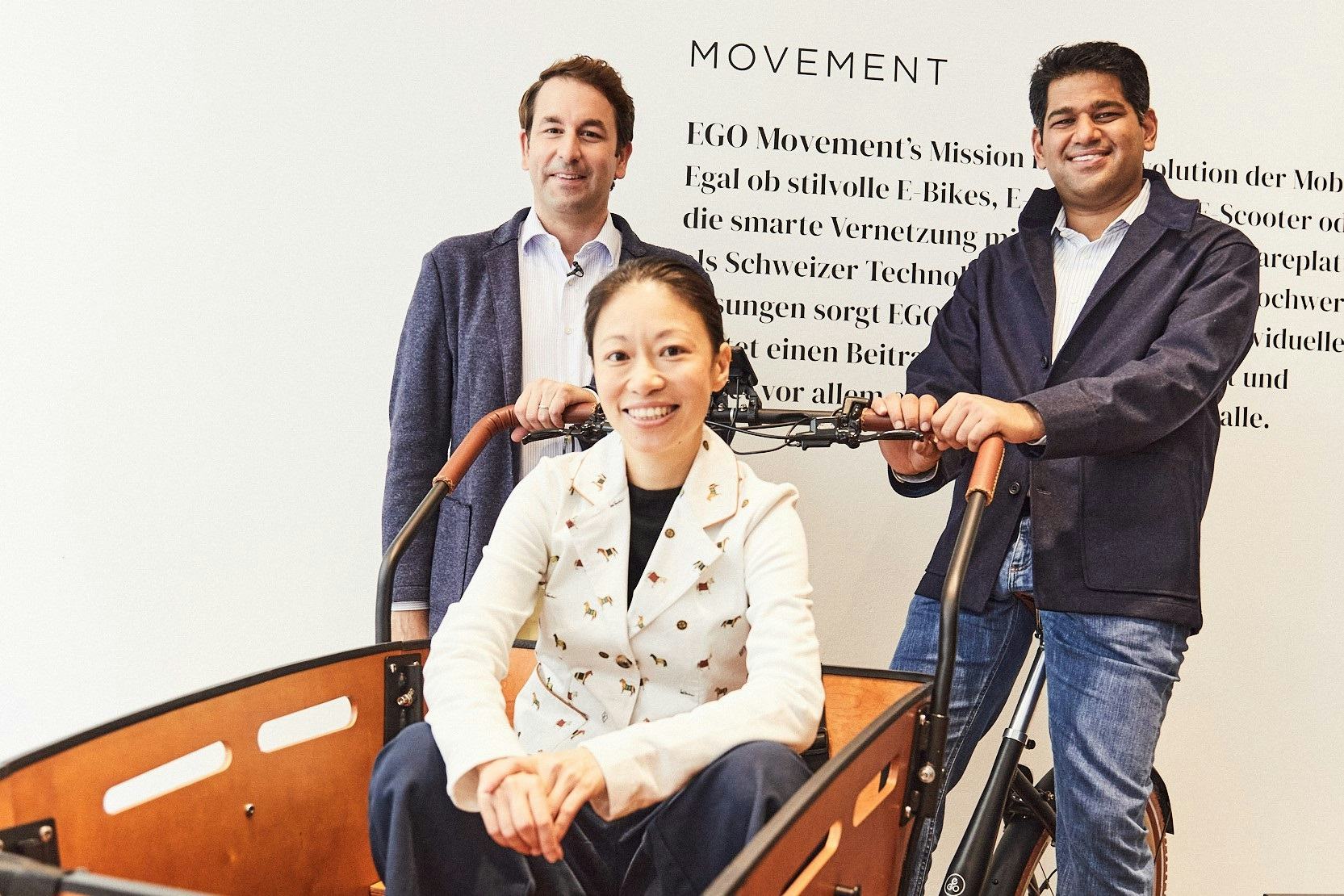 Co-founders of EGO Movement, Daniel Meyer, CEO and Marie So, CSO with Sudarshan Venu, Joint Managing Director of TVS Motor. – Photo Thomas von Aagh