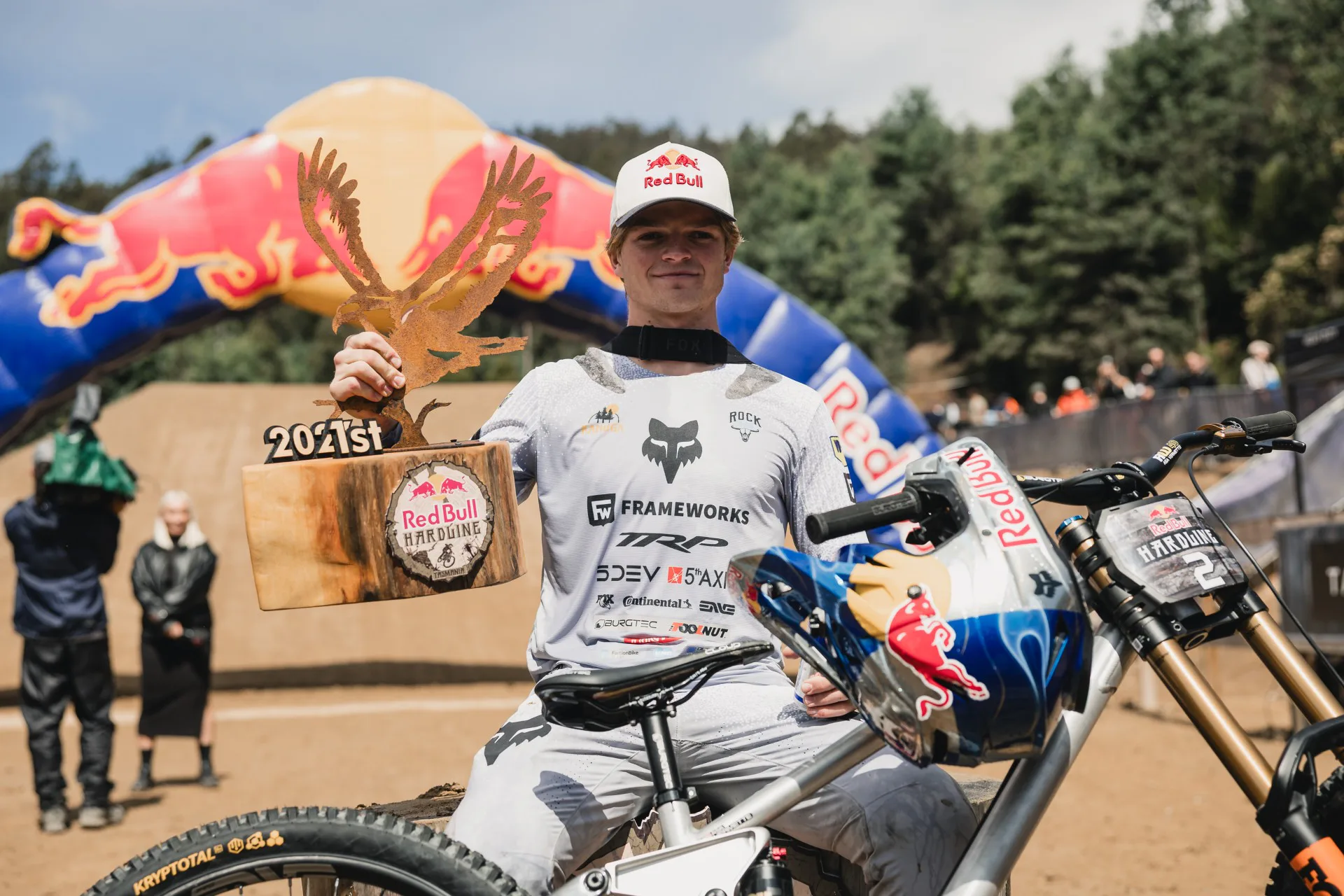 TRP works closely with downhill star Asa Vermette of Frameworks Racing, here after winning Red Bull Hardline Tasmania, to develop and test future products.